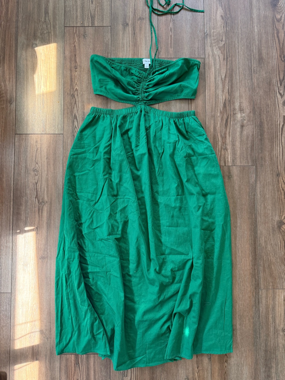 Green Midi Two-Piece Dress - Strapless Ruched Top & Flowing Skirt